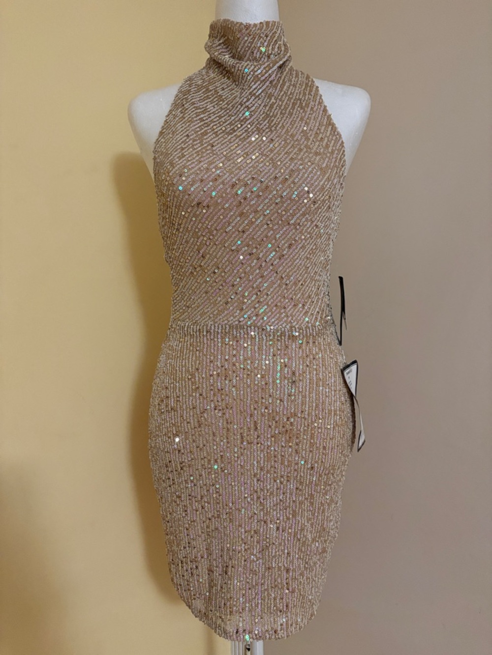 City Studio Gold Blush Sequin High-Neck Mini Dress S